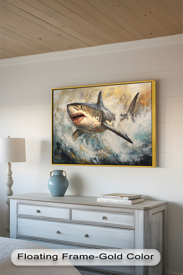 Ferocious Great White Shark Leaping Through Waves - Animal Oil Painting