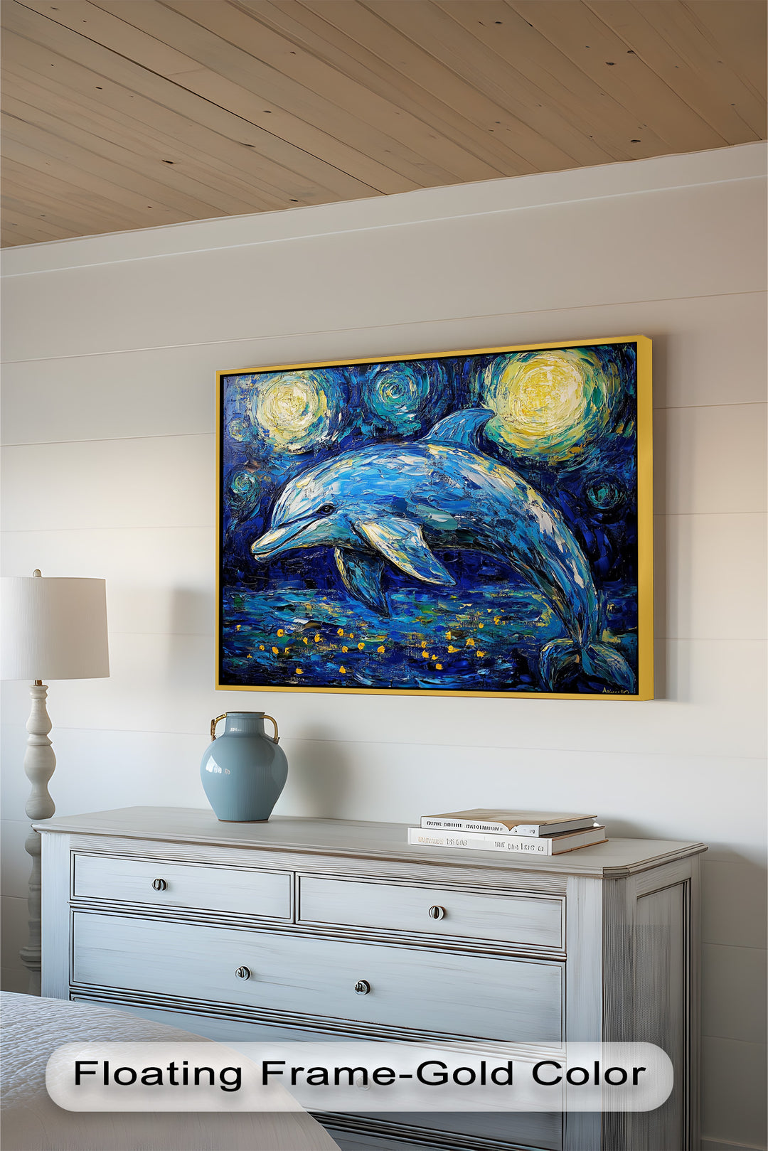 Starry Night Dolphin in Ocean Dreamscape – Animal Oil Painting