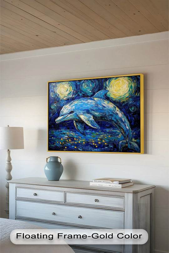 Swirling, organic strokes define the starry night dolphin oil painting, an ocean dreamscape creating visual movement perfect for oil painting home decor.