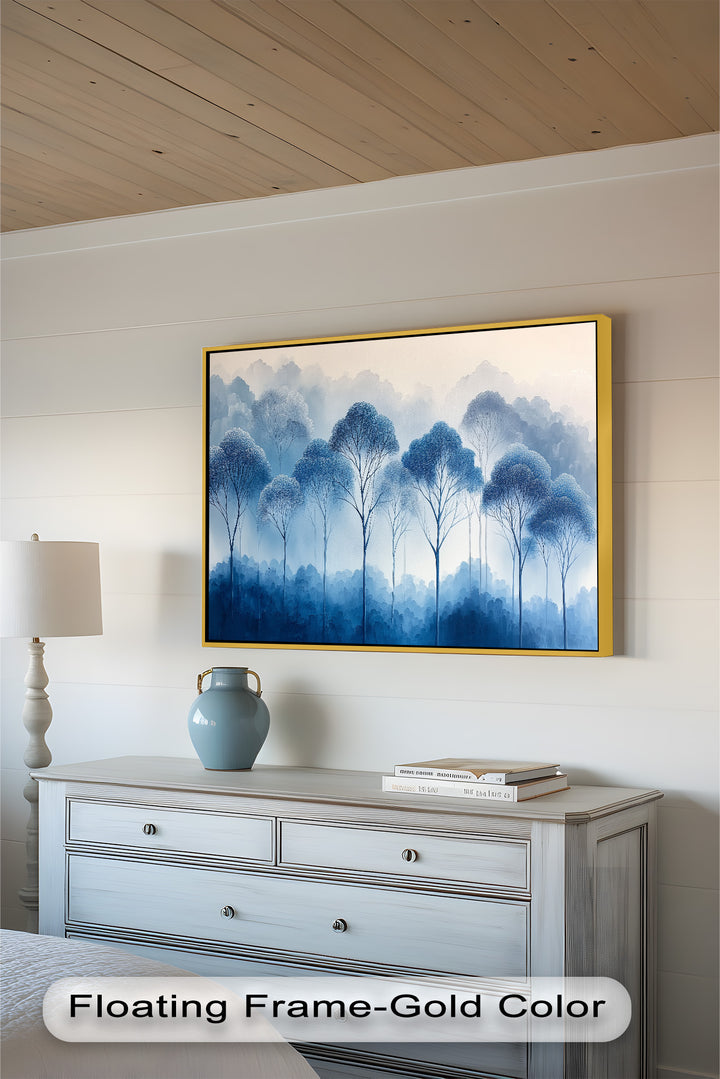 Capture the beauty of a misty morning forest with this hand-painted oil masterpiece. The cool gradient blues and airy brushwork evoke a sense of stillness and harmony, making it ideal for contemporary living rooms, bedrooms, or workspaces.