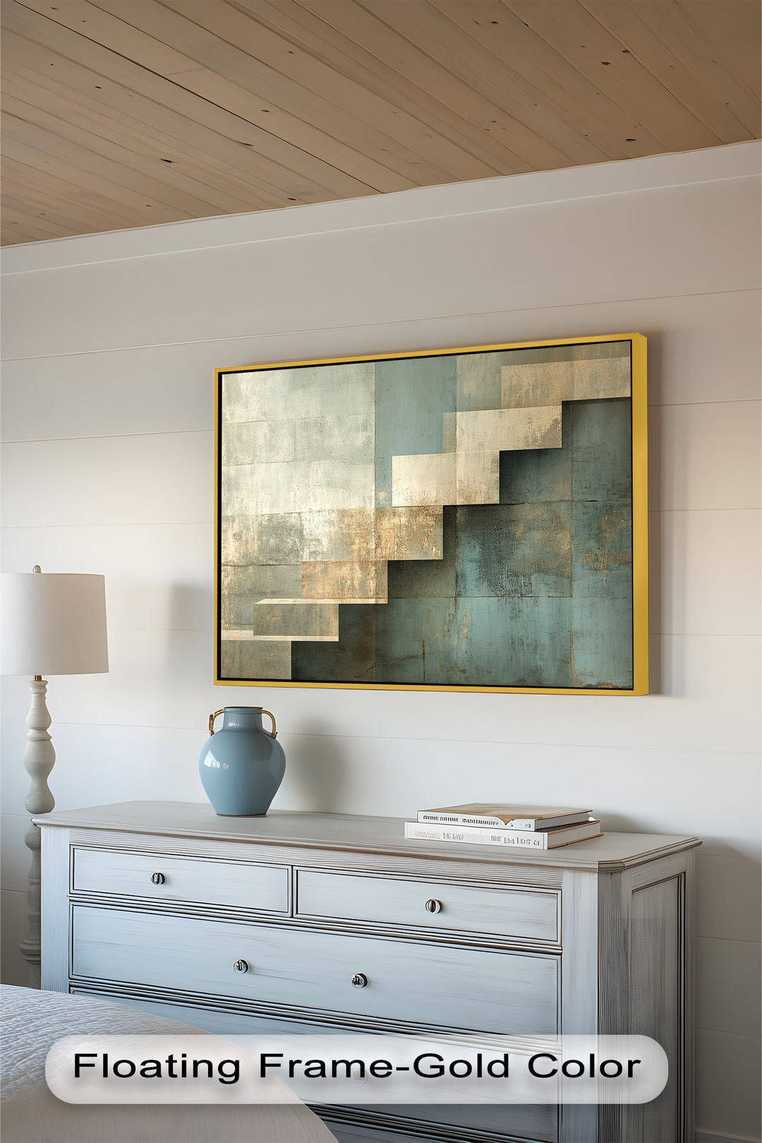 Geometrische Schritte Abstrakt – Blau &amp; Beige Modernes Ölgemälde