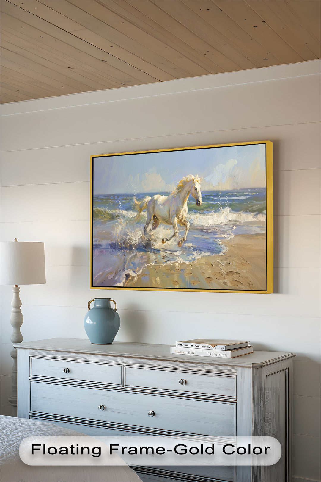 The beauty of nature and raw power merge in this dynamic seascape painting, featuring a luminous white horse running along the beach, its reflection shimmering in the wet sand.