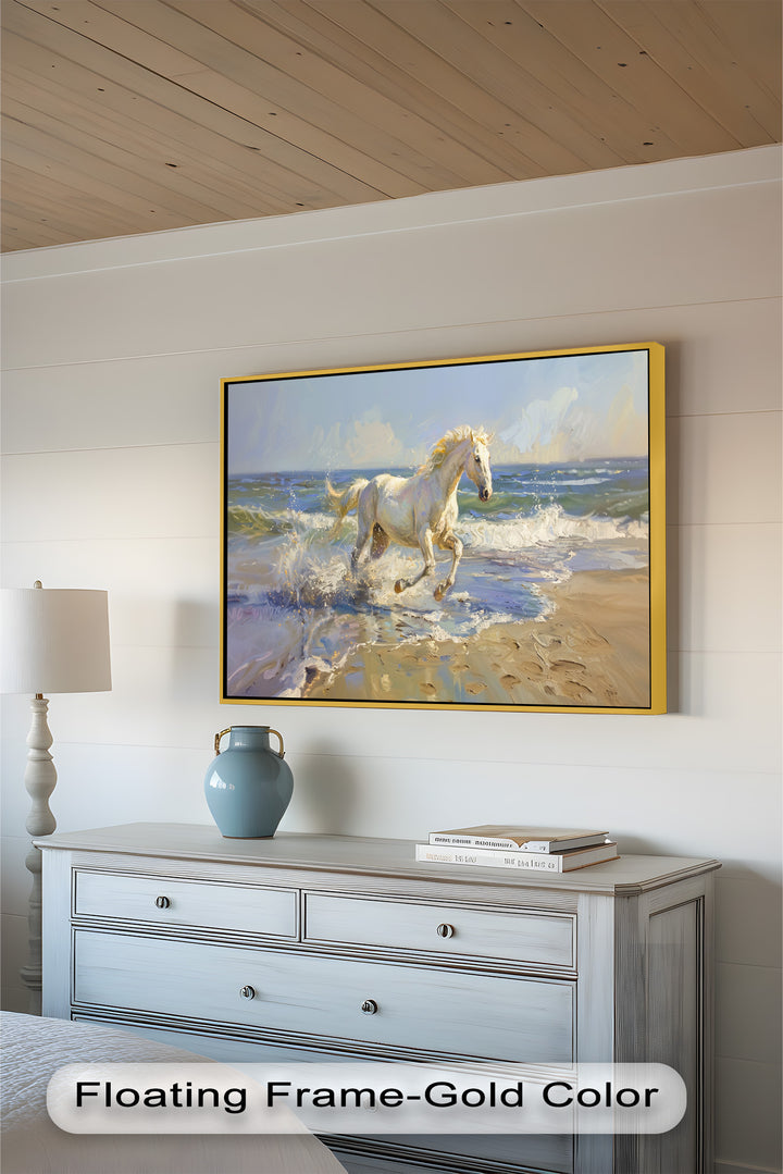 The beauty of nature and raw power merge in this dynamic seascape painting, featuring a luminous white horse running along the beach, its reflection shimmering in the wet sand.