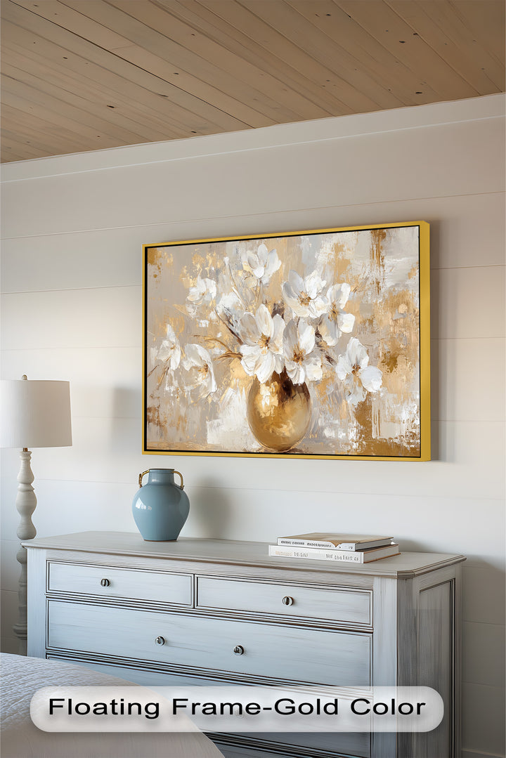 Golden Vase with White Florals – Flower Oil Painting