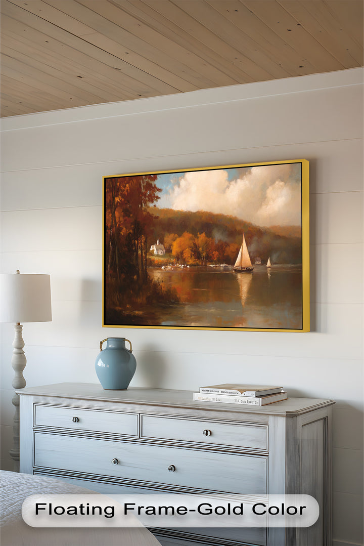 Herbstliche Segelreflexionen – Klassisches Ölgemälde des Hudson River