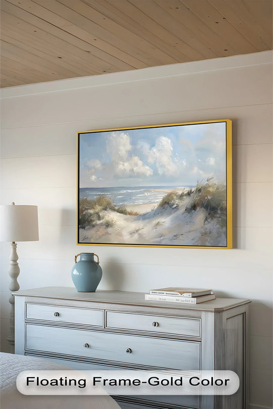 Layered brushstrokes create depth in this captivating white sand beach oil painting art prints, highlighting the sandy path and coastal landscape.