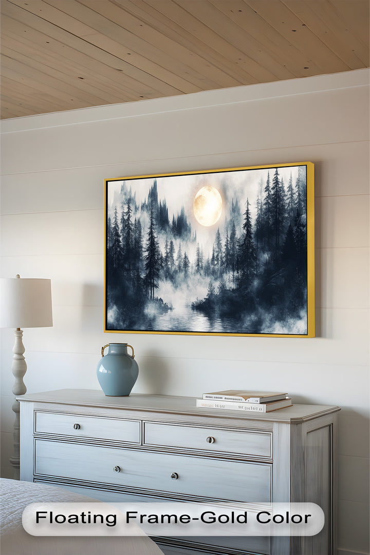 Ethereal night scene with towering pines and a haunting atmosphere.
