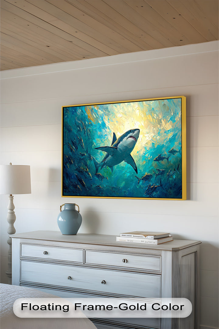 Great White Shark in Sunlit Ocean Depths – Animal Oil Painting