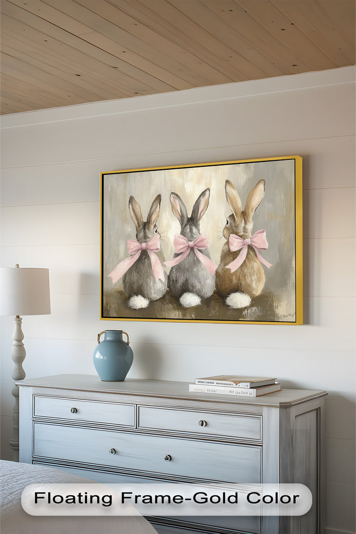 Trio of Bunnies with Pink Bows – Animal Oil Painting