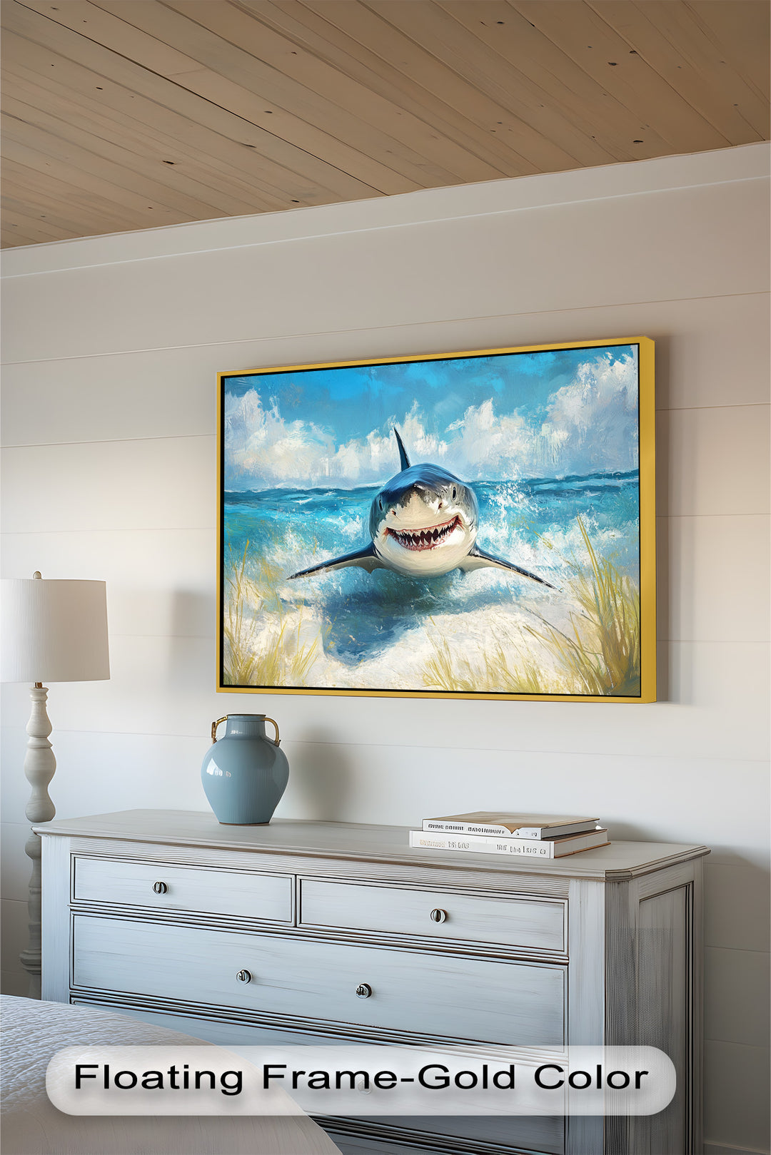 Smiling Shark by the Shore – Animal Oil Painting