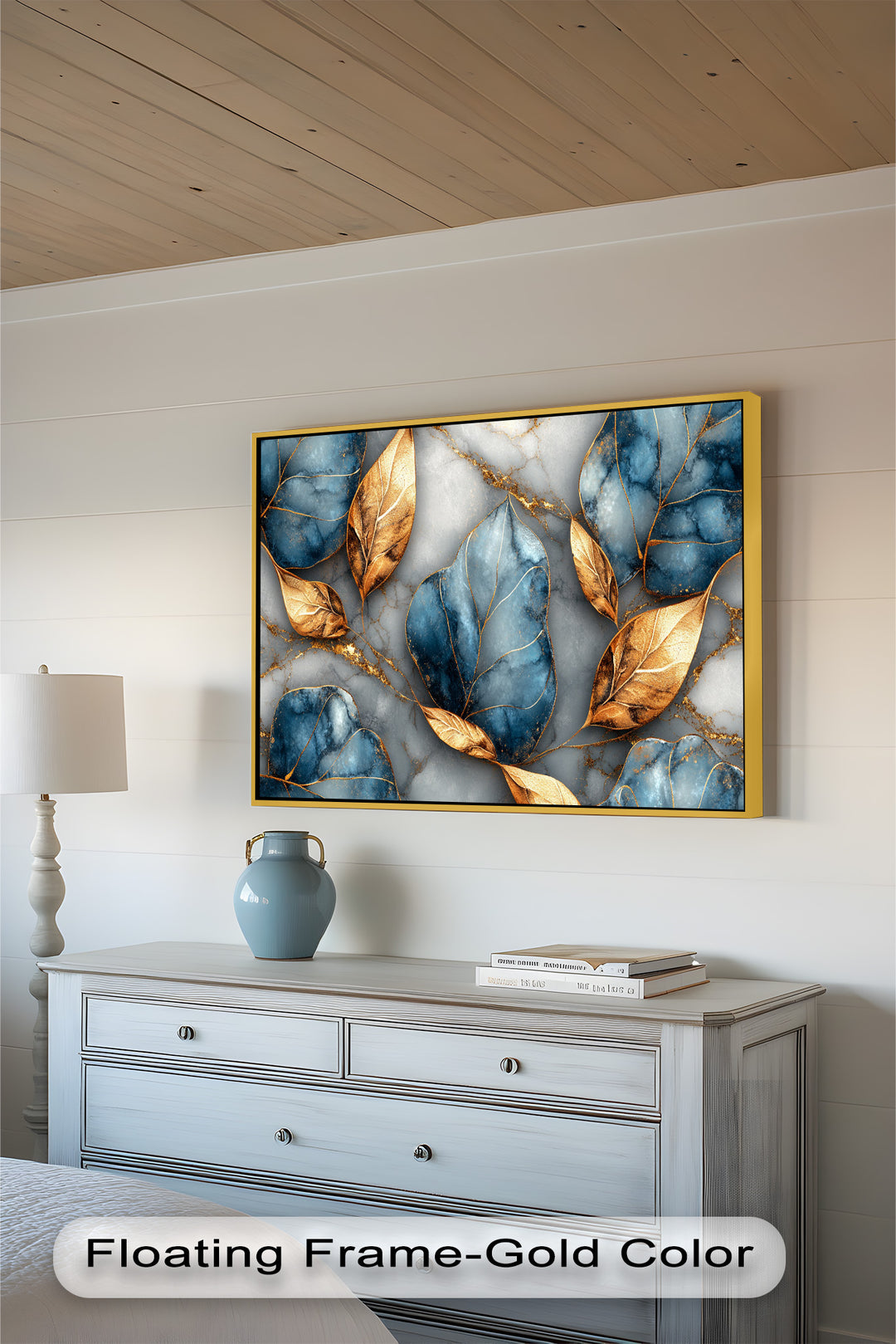 Golden Blue Marble Leaves – Botanical Oil Painting