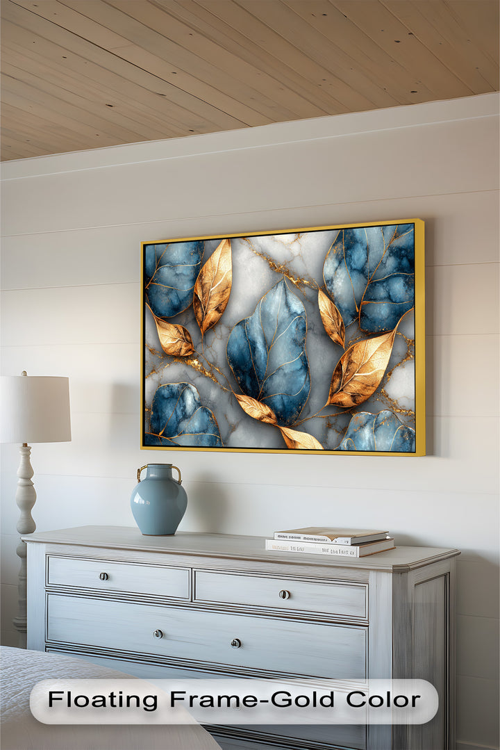 Golden Blue Marble Leaves – Botanical Oil Painting