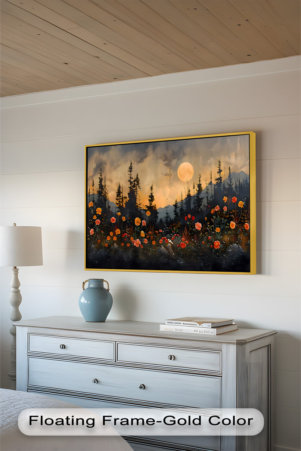 With a rich blend of warm oranges, deep shadows, and delicate floral details, the artwork evokes both mystery and natural beauty.