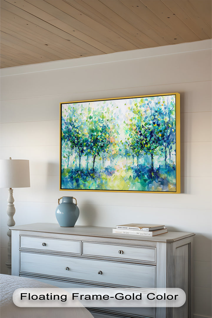 Blue & Green Forest Landscape – Abstract Nature Oil Painting