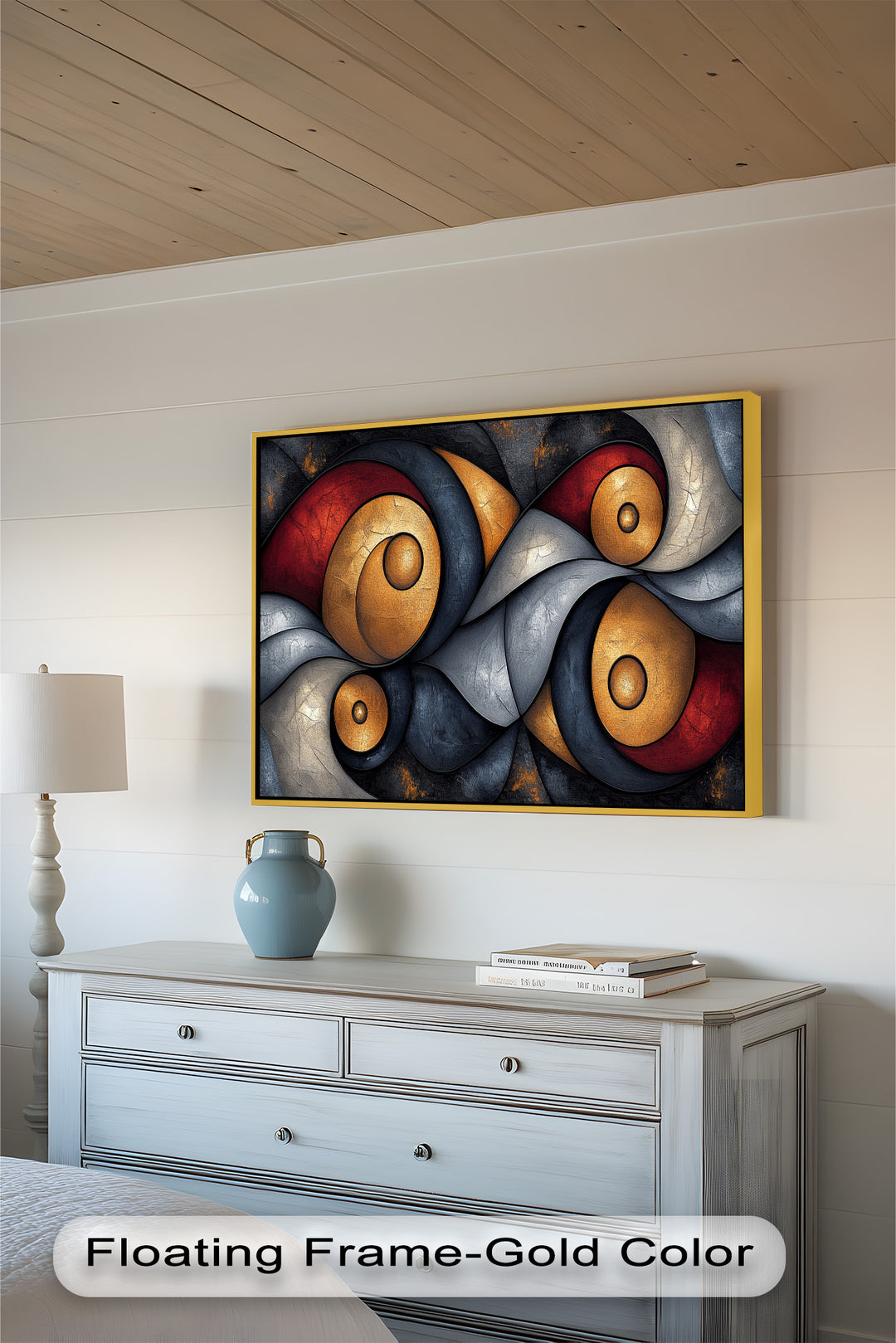 Contemporary abstract artwork with dynamic gold orbs and fluid gray accents.
