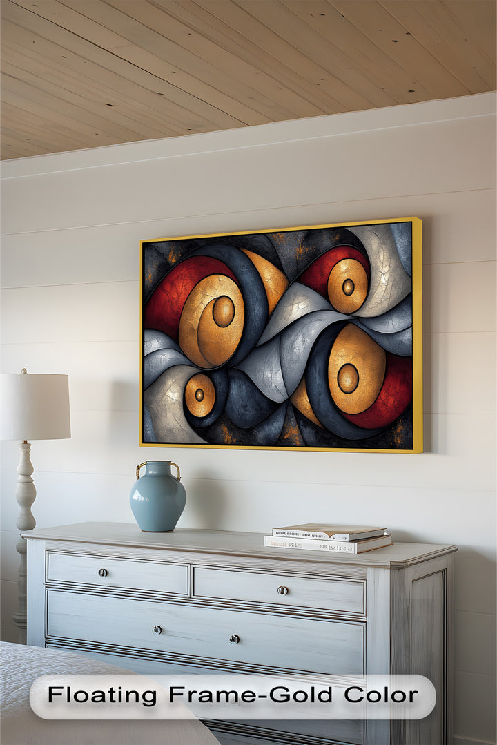 Contemporary abstract artwork with dynamic gold orbs and fluid gray accents.
