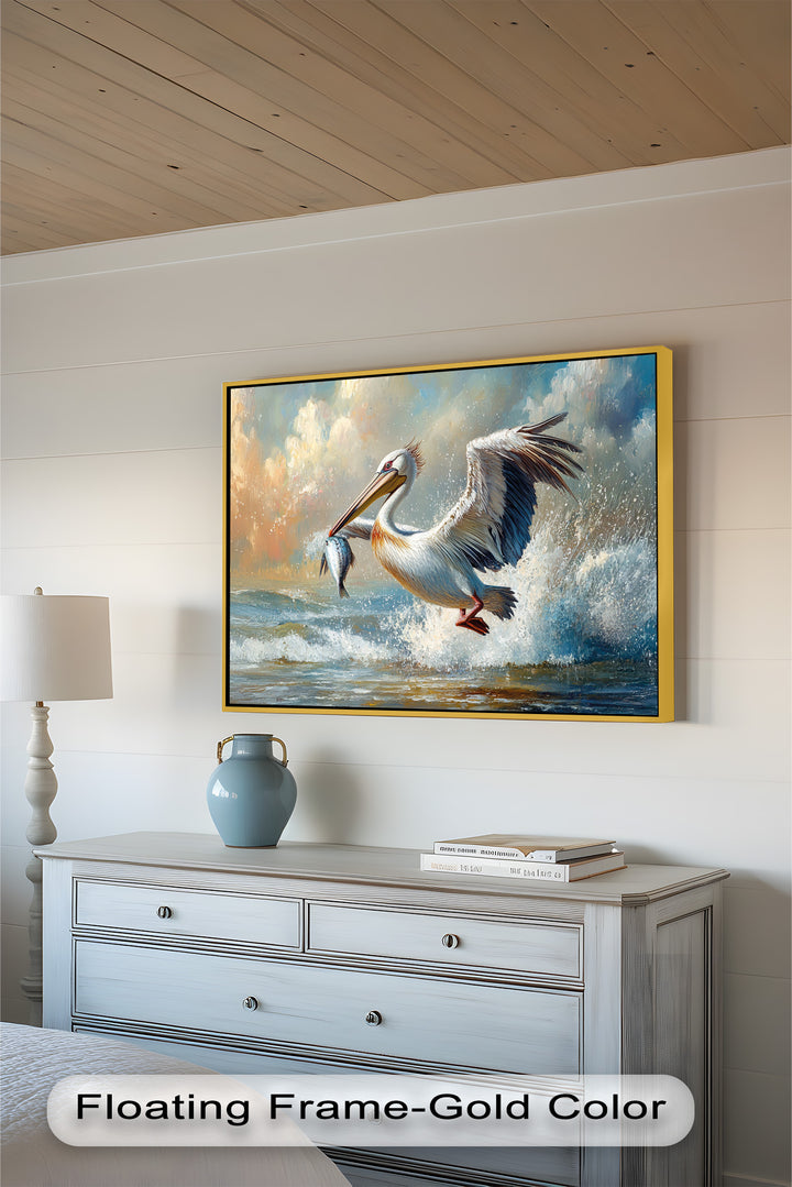 Pelican Catching Fish in Ocean Surf – Animal Oil Painting
