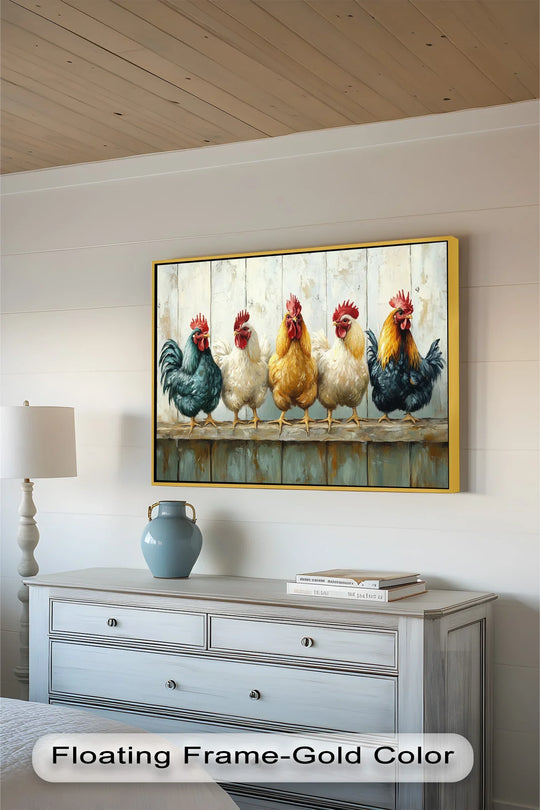 Finished in a golden floating frame, this colorful roosters oil painting art piece on a wooden fence adds farmhouse charm to any rustic-themed space.
