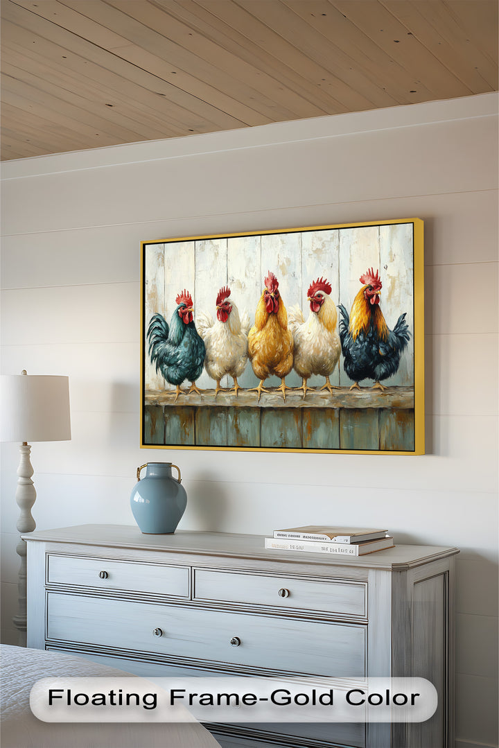 Colorful Roosters on a Wooden Fence – Animal Oil Painting