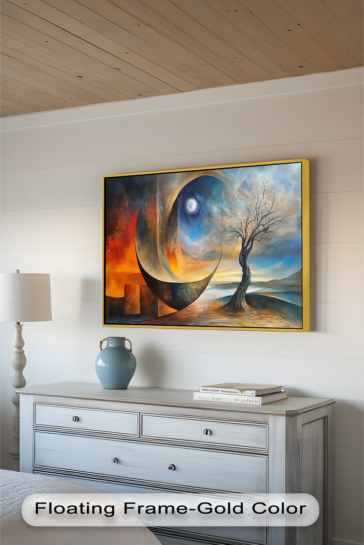 Moonlit Tree and Surreal Horizon - Abstract Oil Painting