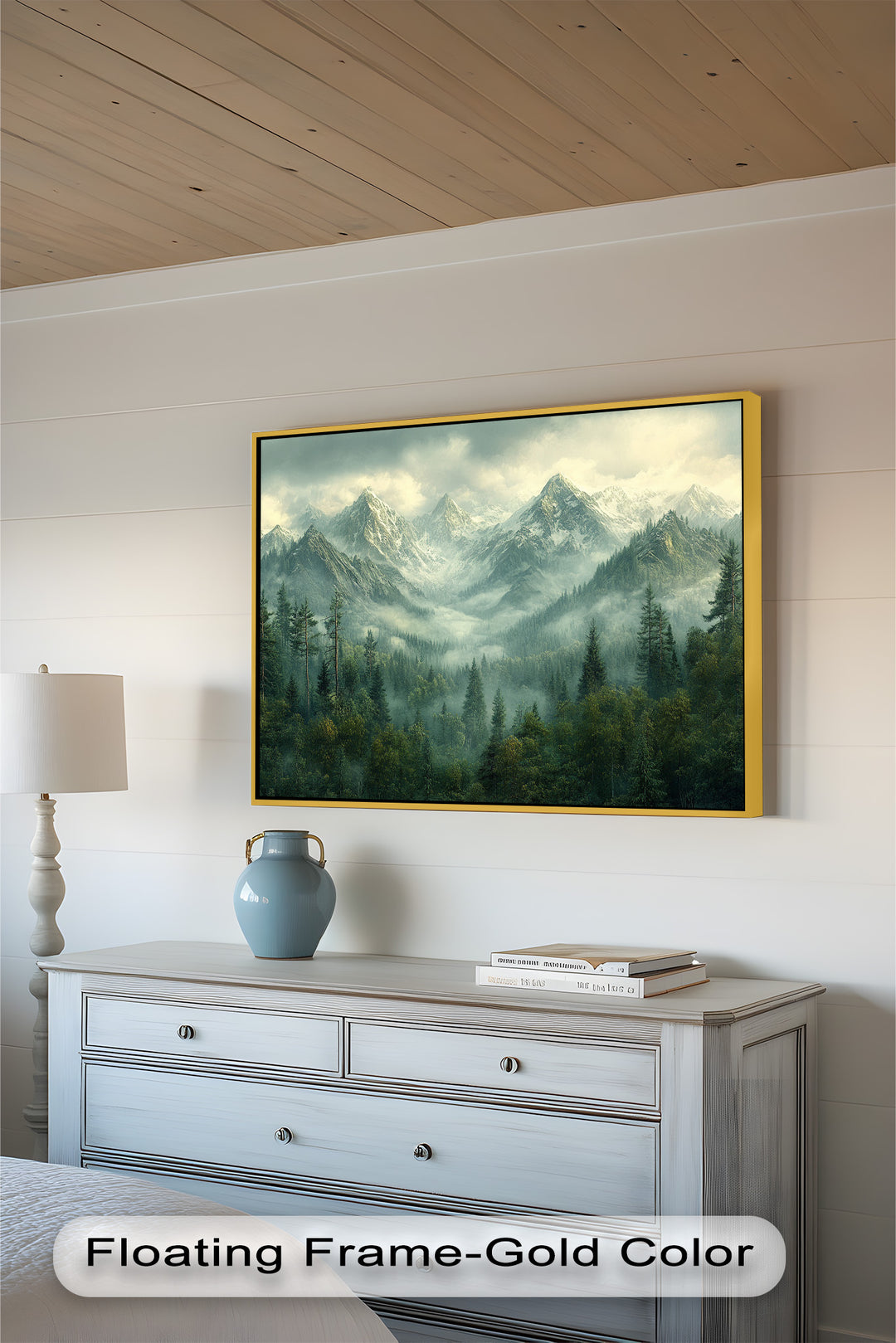 Serene mountain landscape featuring evergreen trees and ethereal mist.
