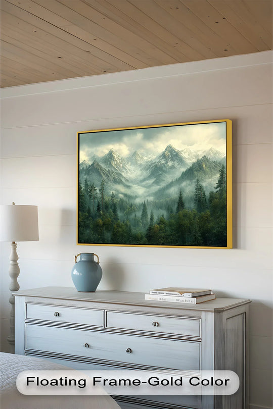 Misty mountain forest scene evokes a vibrant sense of movement as the clouds shift and the lush trees sway in this serene oil painting home decor.