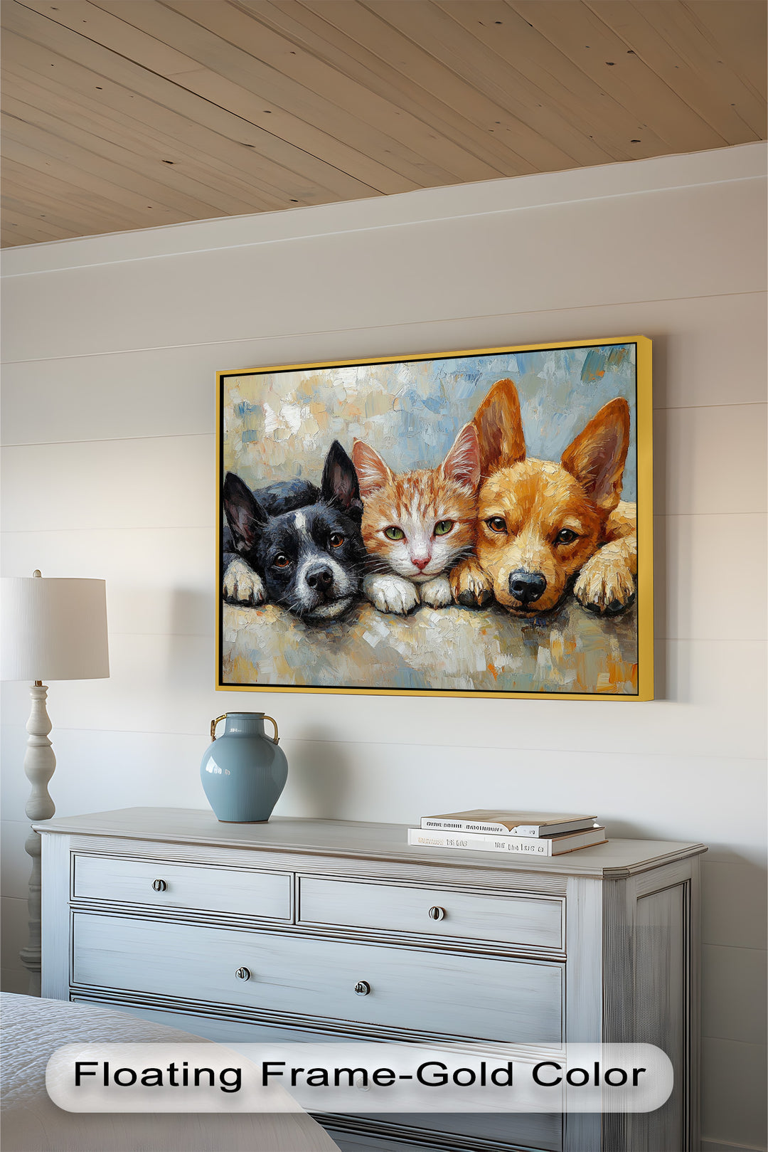 Cat and Dogs Resting Together - Animal Oil Painting