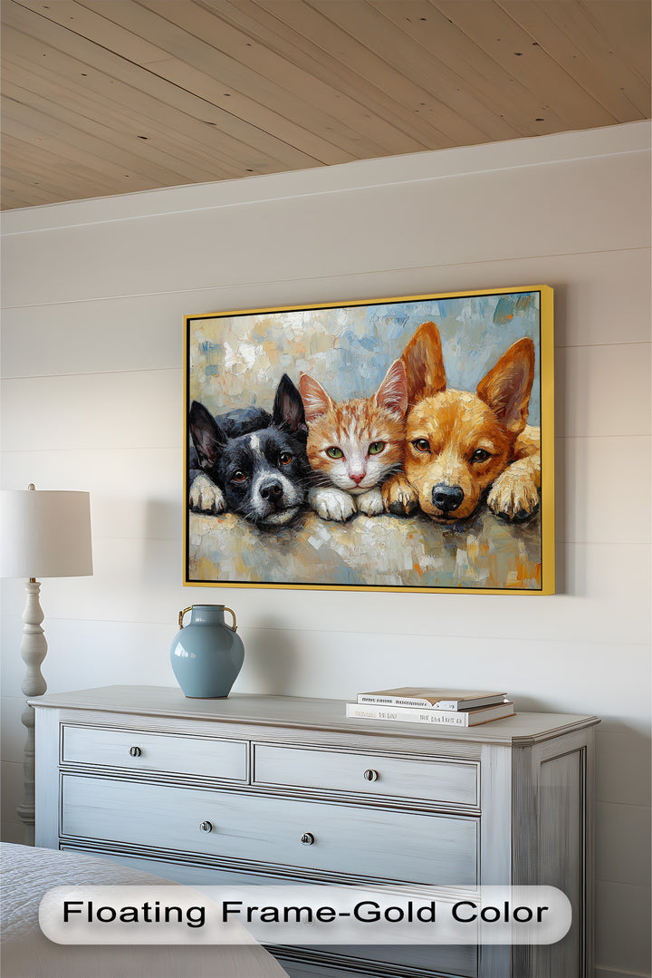 Cat and Dogs Resting Together - Animal Oil Painting