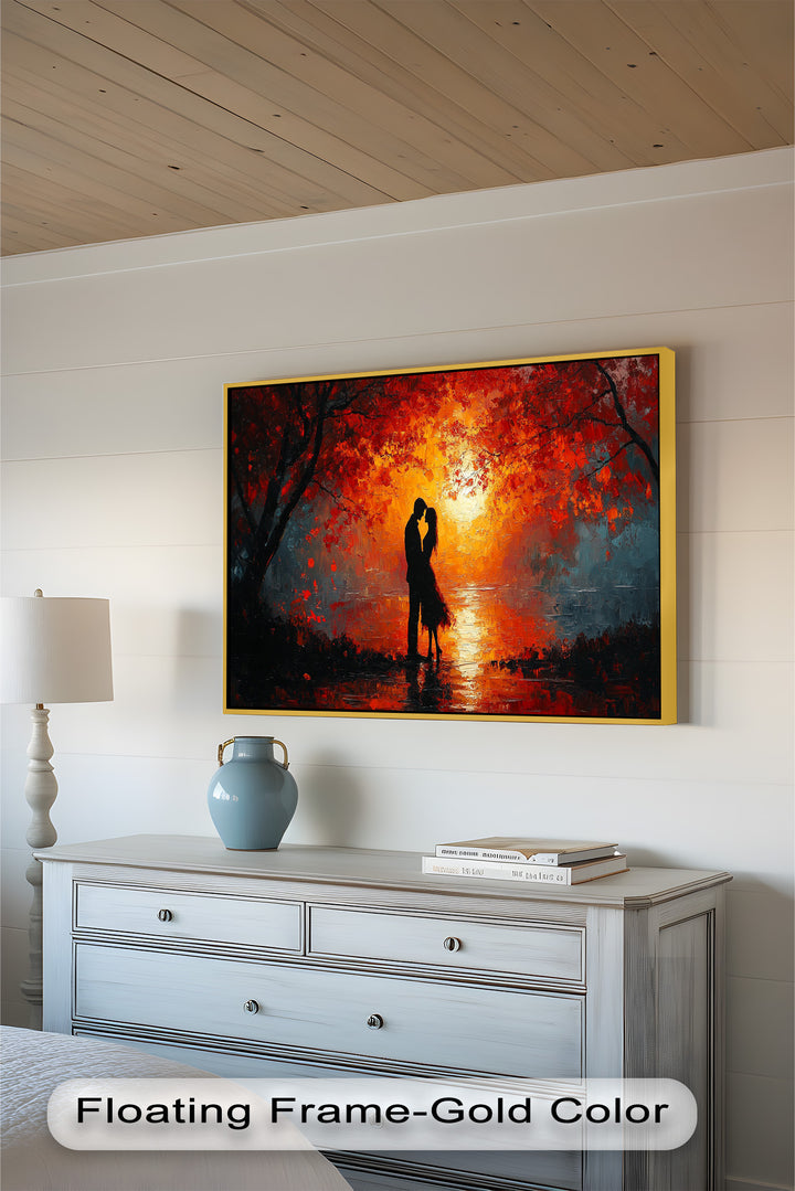 Passionate Kiss Beneath Autumn Flames - Love Oil Painting