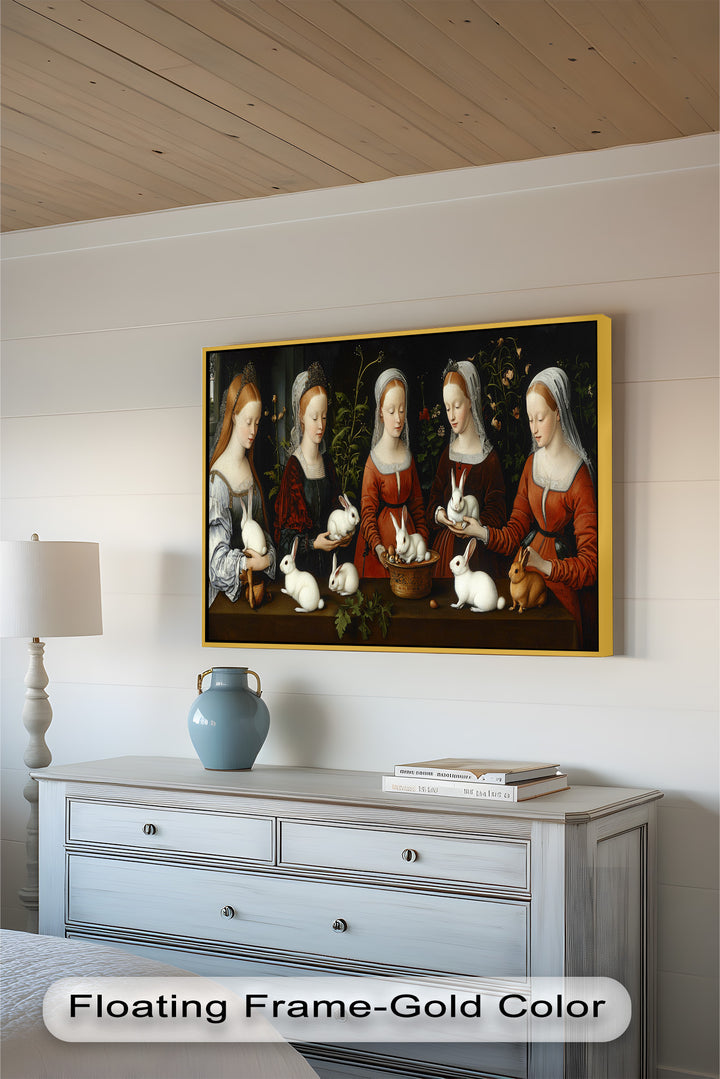 Maiden Garden Gathering – Renaissance Rabbit Portrait Oil Painting