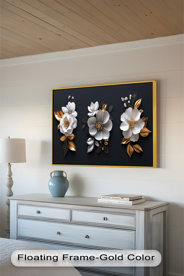 Elegantes Blumentrio – Modernes Ölgemälde in Weiß und Gold