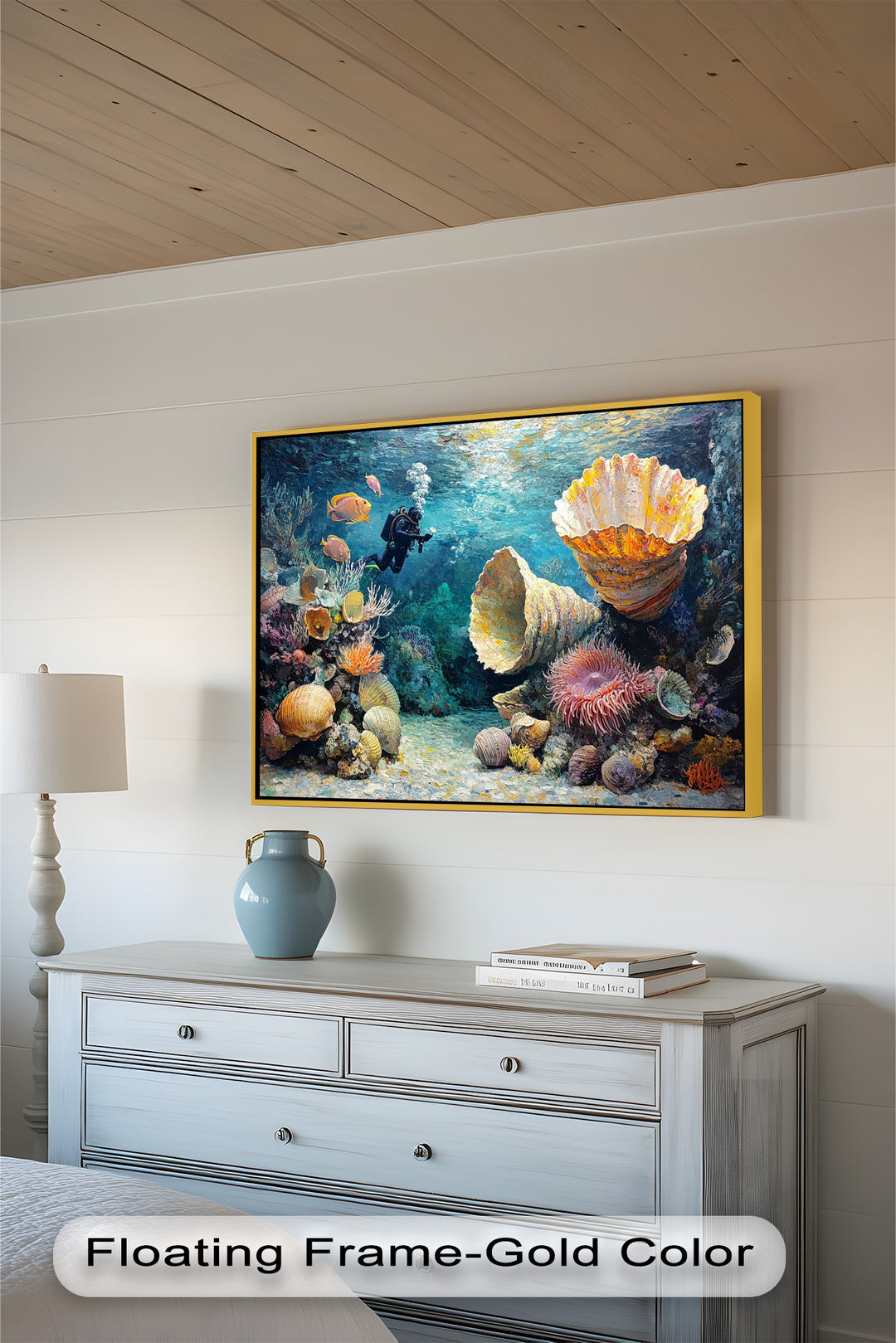 Diver Exploring Coral Reefs with Giant Shells - Animal Oil Painting