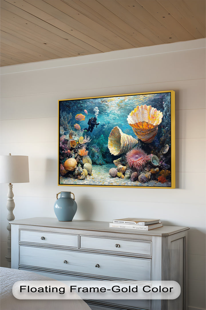Diver Exploring Coral Reefs with Giant Shells - Animal Oil Painting