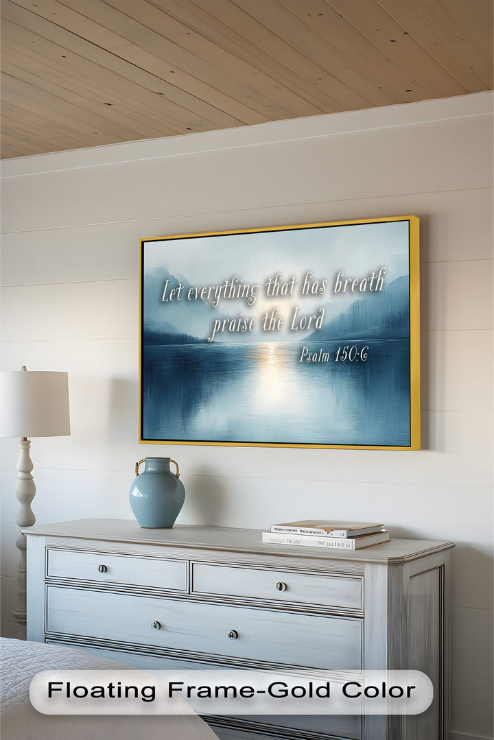 Christian wall art featuring misty mountains and scripture on praising God.
