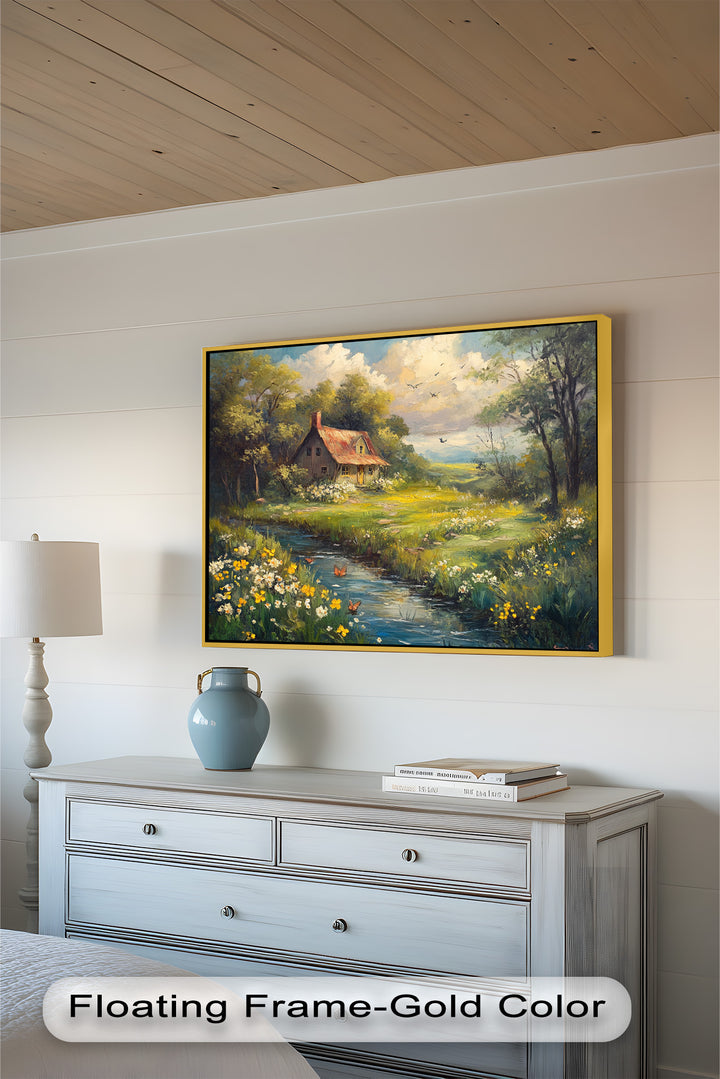 Vintage Frühlingslandschaft – Gerahmtes Ölgemälde