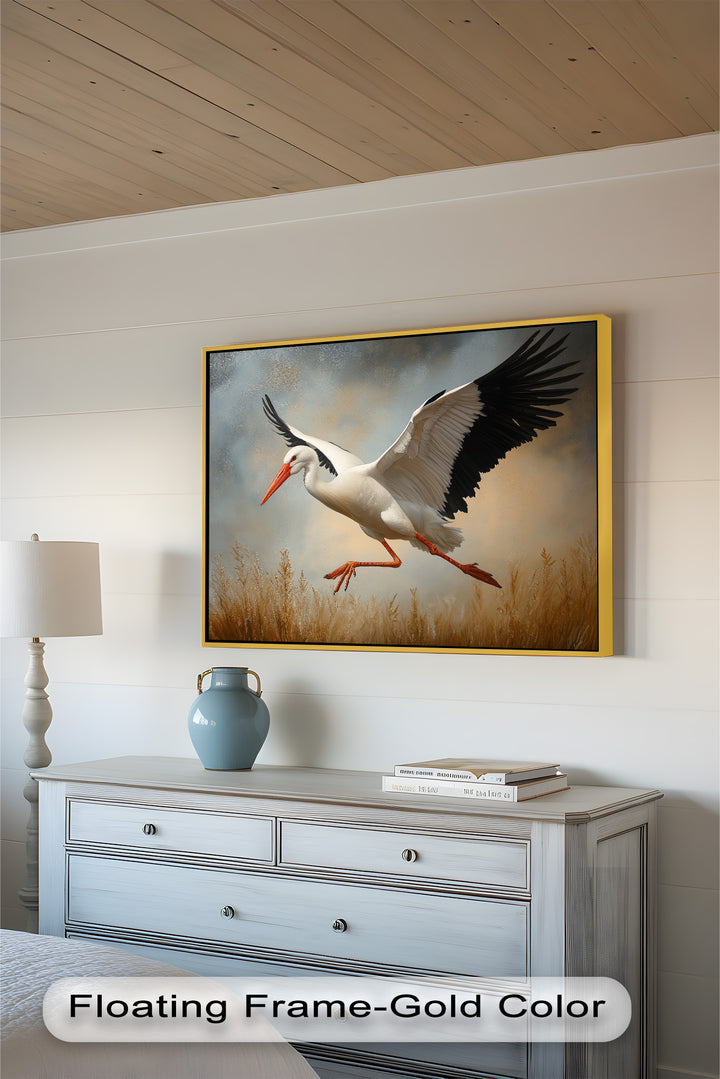 Stork in Flight over Golden Grasses – Animal Oil Painting
