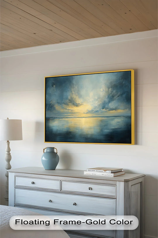 Dramatic color contrast defines this sunset reflection seascape oil painting, where bright gold meets moody blues in a modern oil painting art display.