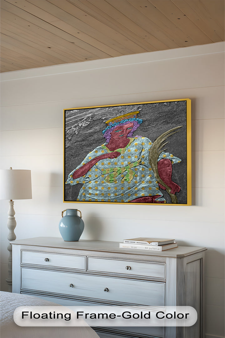 Geheiligte Blüte – Polychromes Engelrelief-Ölgemälde