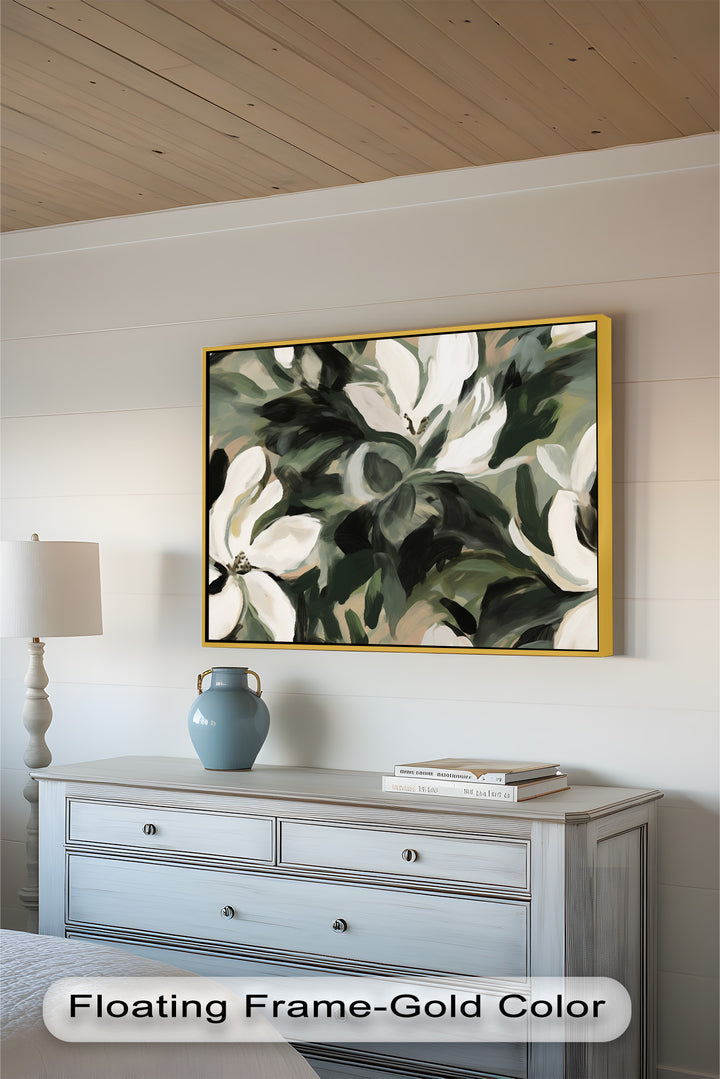 Cream Blooms in Forest Green - Flower Oil Painting