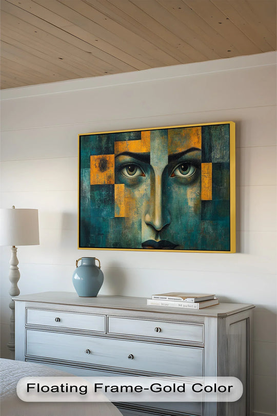 Geometric planes in gold and teal define the abstract face in this modern oil painting home decor, creating a striking gaze.