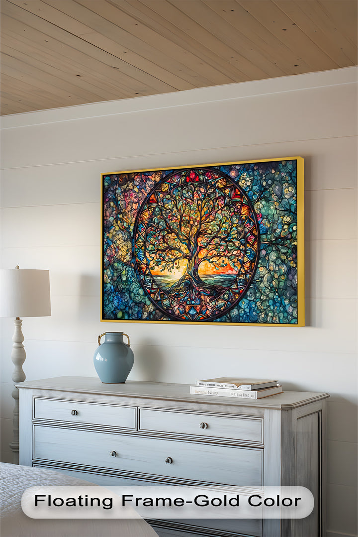 Lebensbaum Mandala Wandkunst – Farbenfrohes gerahmtes Ölgemälde