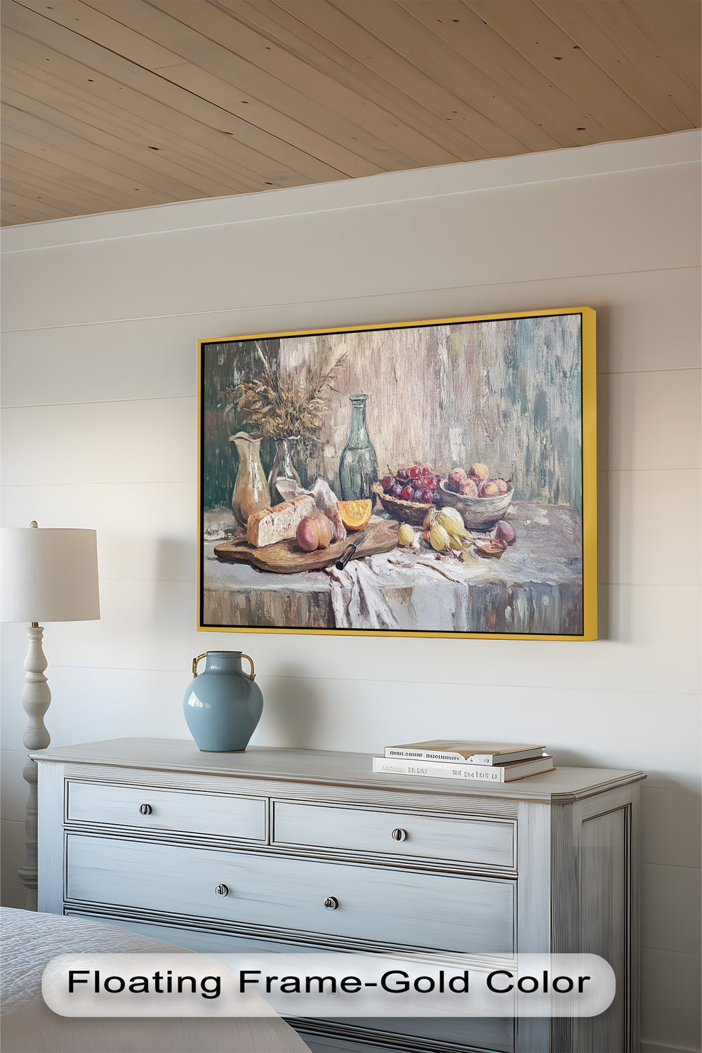 Featuring soft tones and subtle textures, this artwork highlights a selection of peaches, grapes, and pears arranged alongside a weathered vase and loaf of bread.
