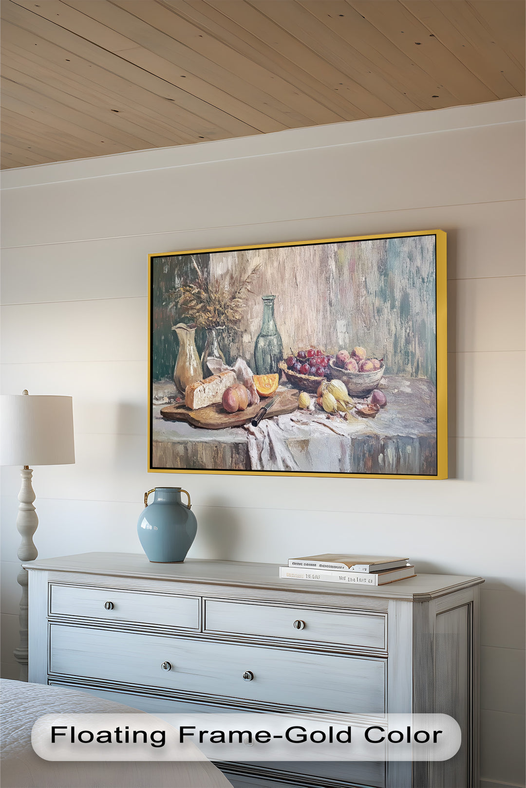 Featuring soft tones and subtle textures, this artwork highlights a selection of peaches, grapes, and pears arranged alongside a weathered vase and loaf of bread.

