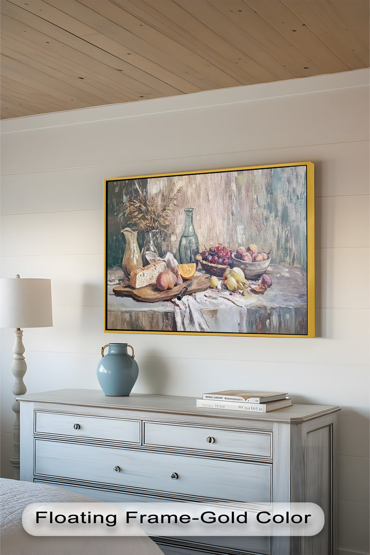 Featuring soft tones and subtle textures, this artwork highlights a selection of peaches, grapes, and pears arranged alongside a weathered vase and loaf of bread.
