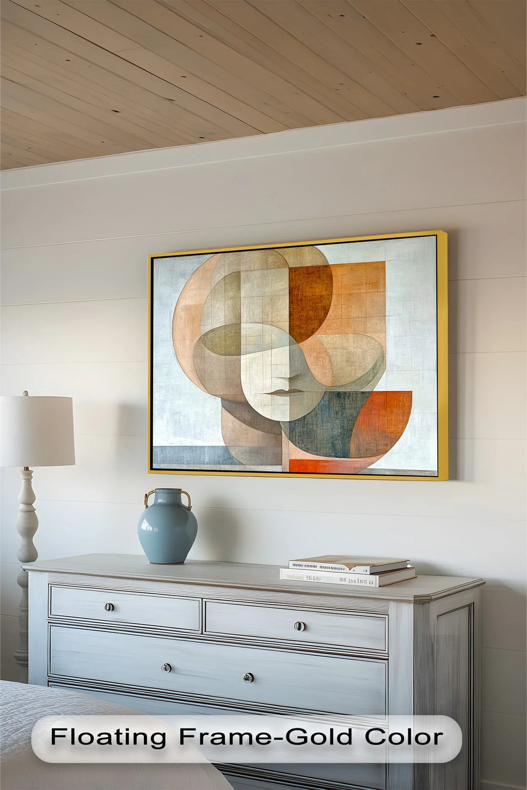 Contemporary abstract face painting with muted colors and structured composition.

