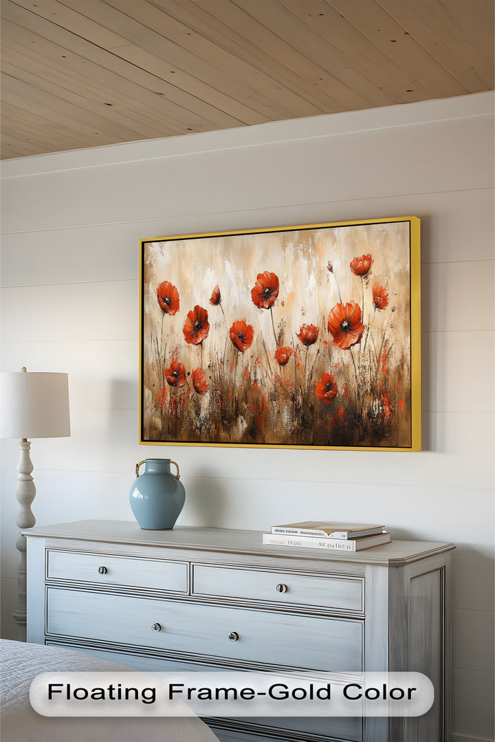 Fiery Meadow – Scarlet Poppies in Earth-Toned Field Flower Oil Painting