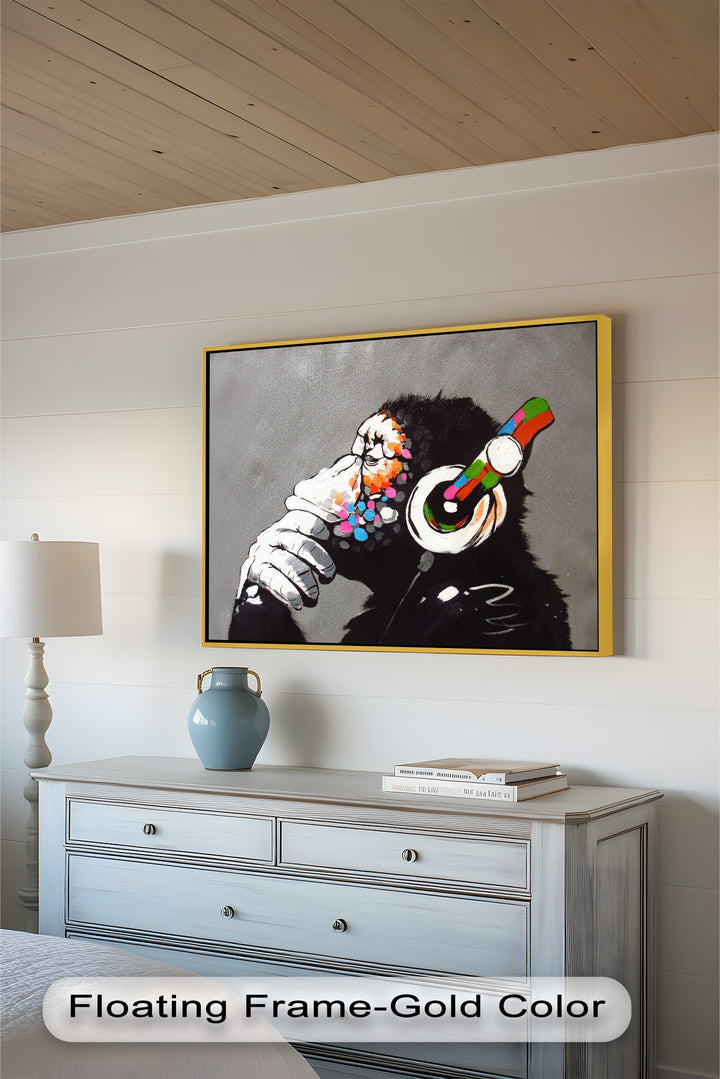 Contemplative Chimp with Headphones - Banksy Oil Painting