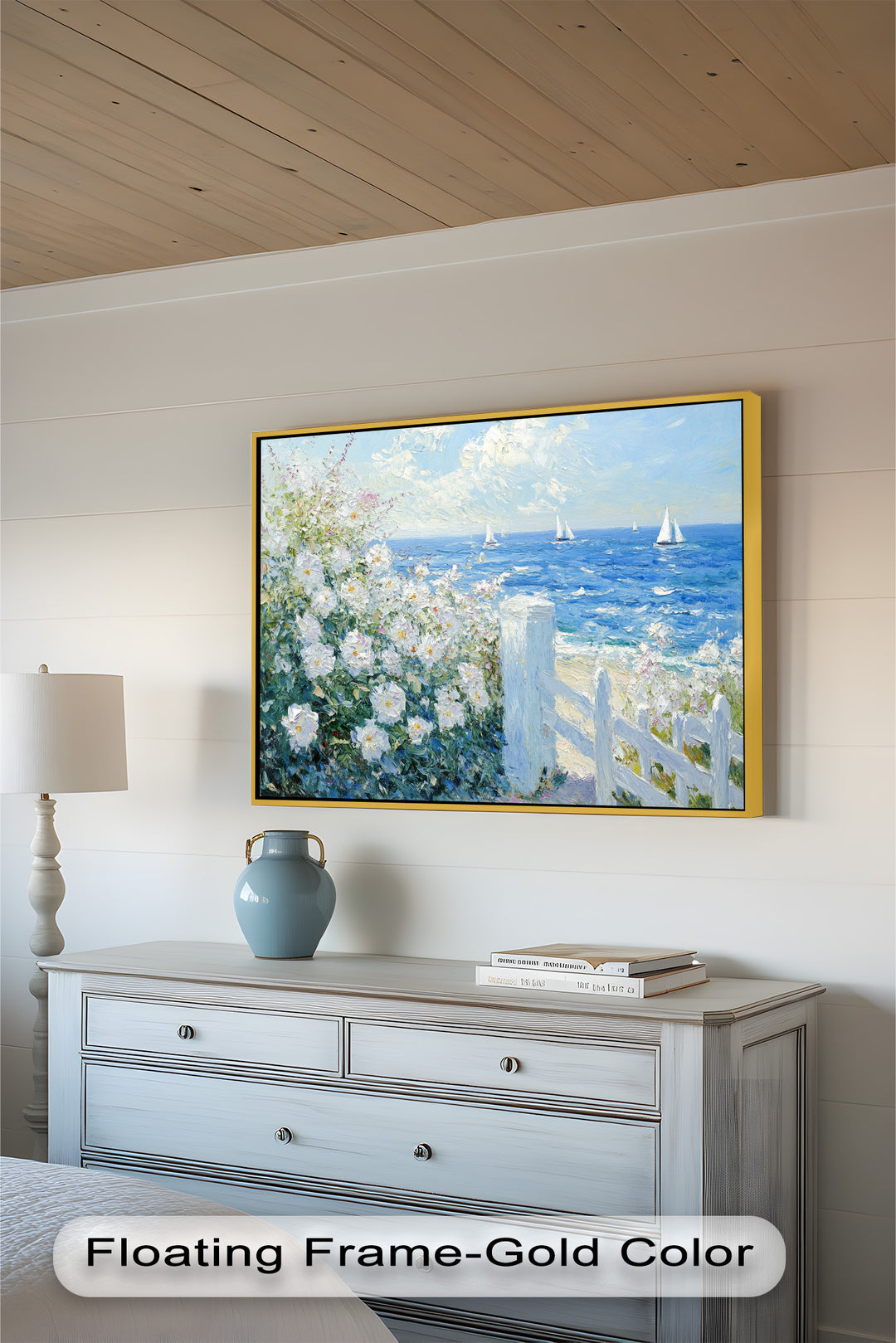 White Rose Garden with Sailboats – Impressionist Oil Painting