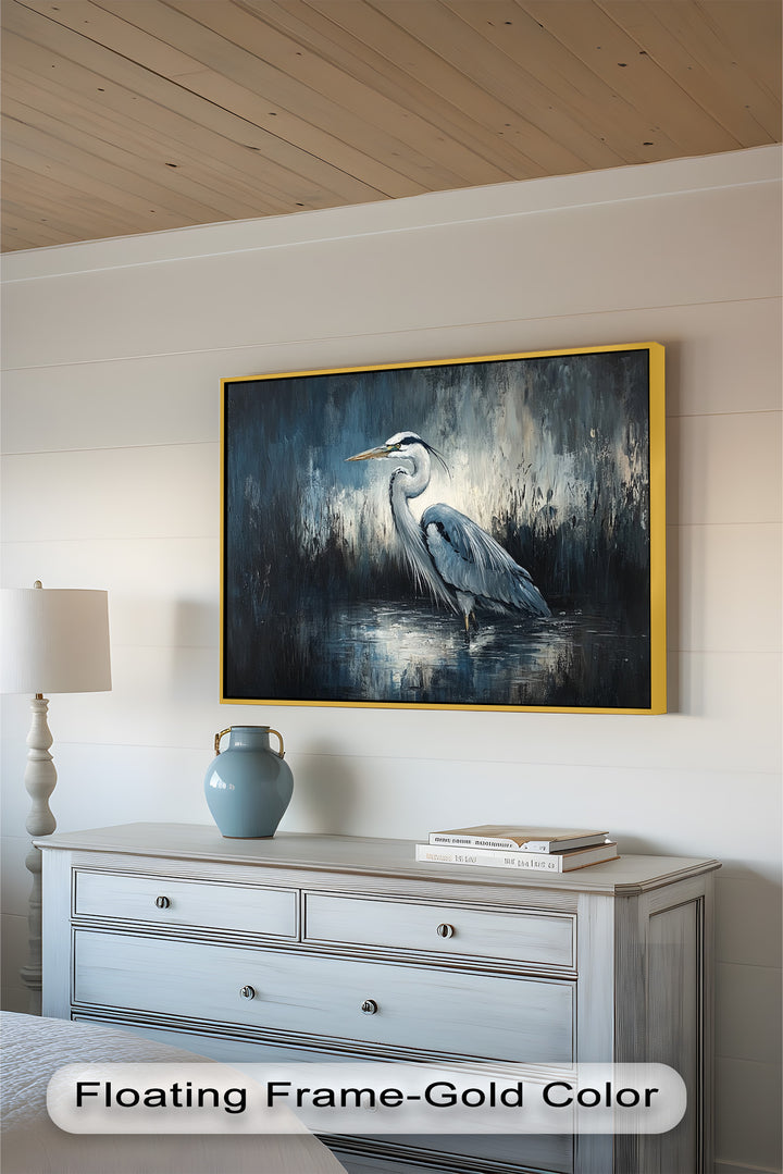 Heron in Misty Marshland – Animal Oil Painting