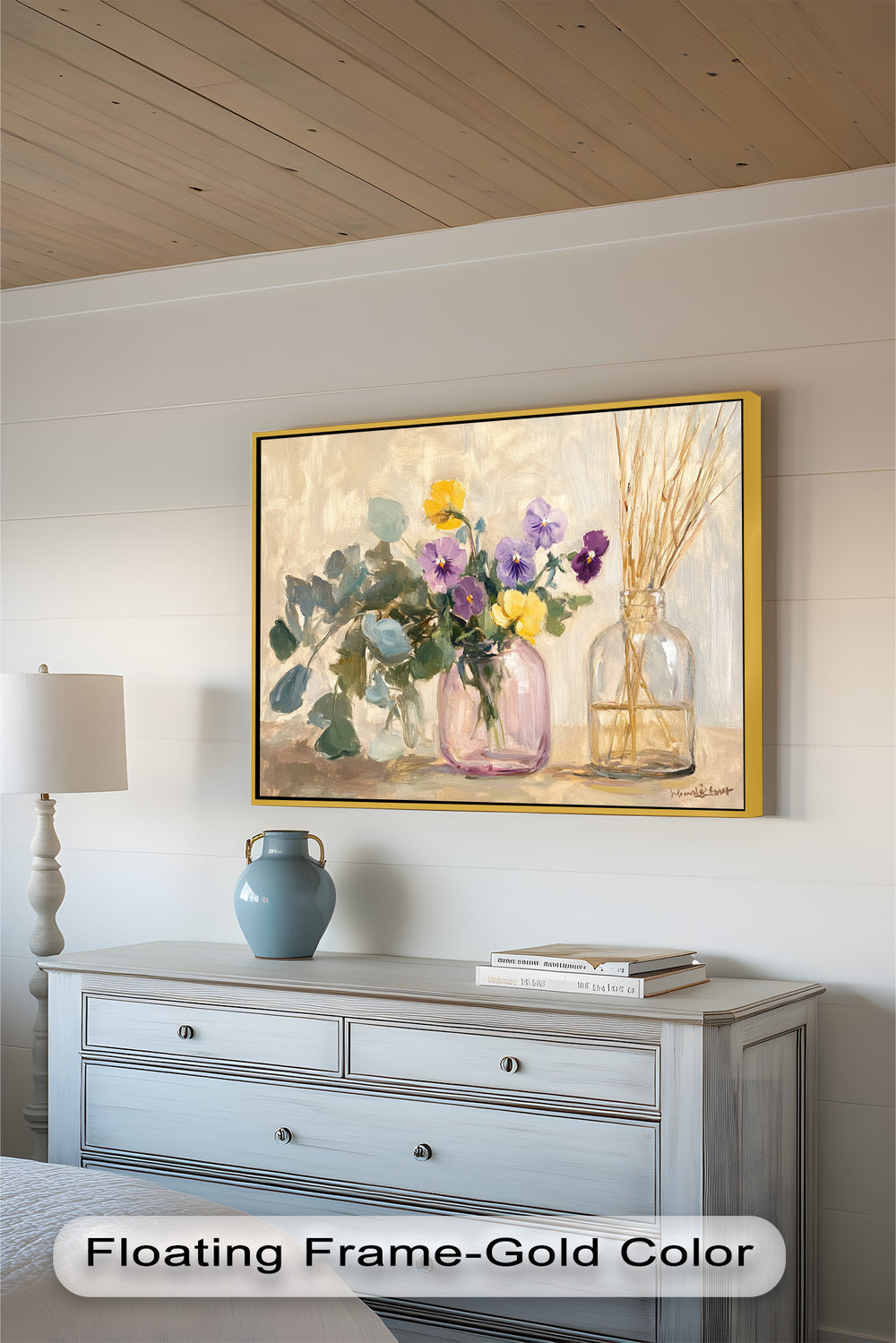 Expressive brushstrokes and a warm color palette bring this elegant floral composition to life, where lush greenery and vibrant pansies create a sense of natural beauty and serenity.